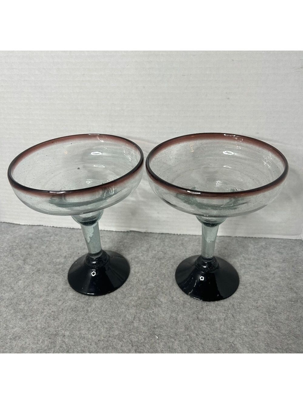 Hand Blown Mexican Brown Amber Rim Base Margarita Glasses Elegant Set of 2